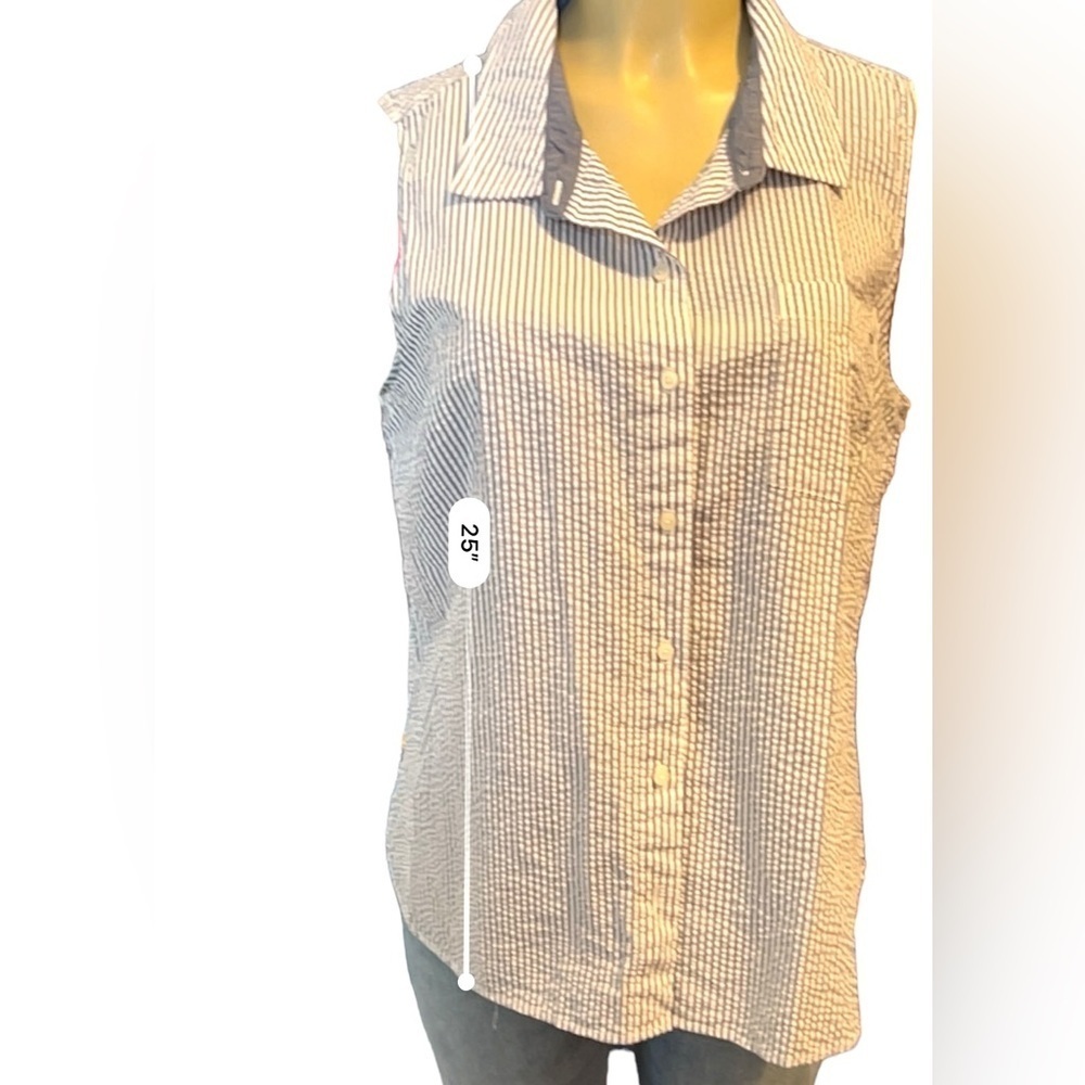 Tommy Hilfiger Seersucker Blue and White Striped Button Down Sleeveless Top - Picture 9 of 13